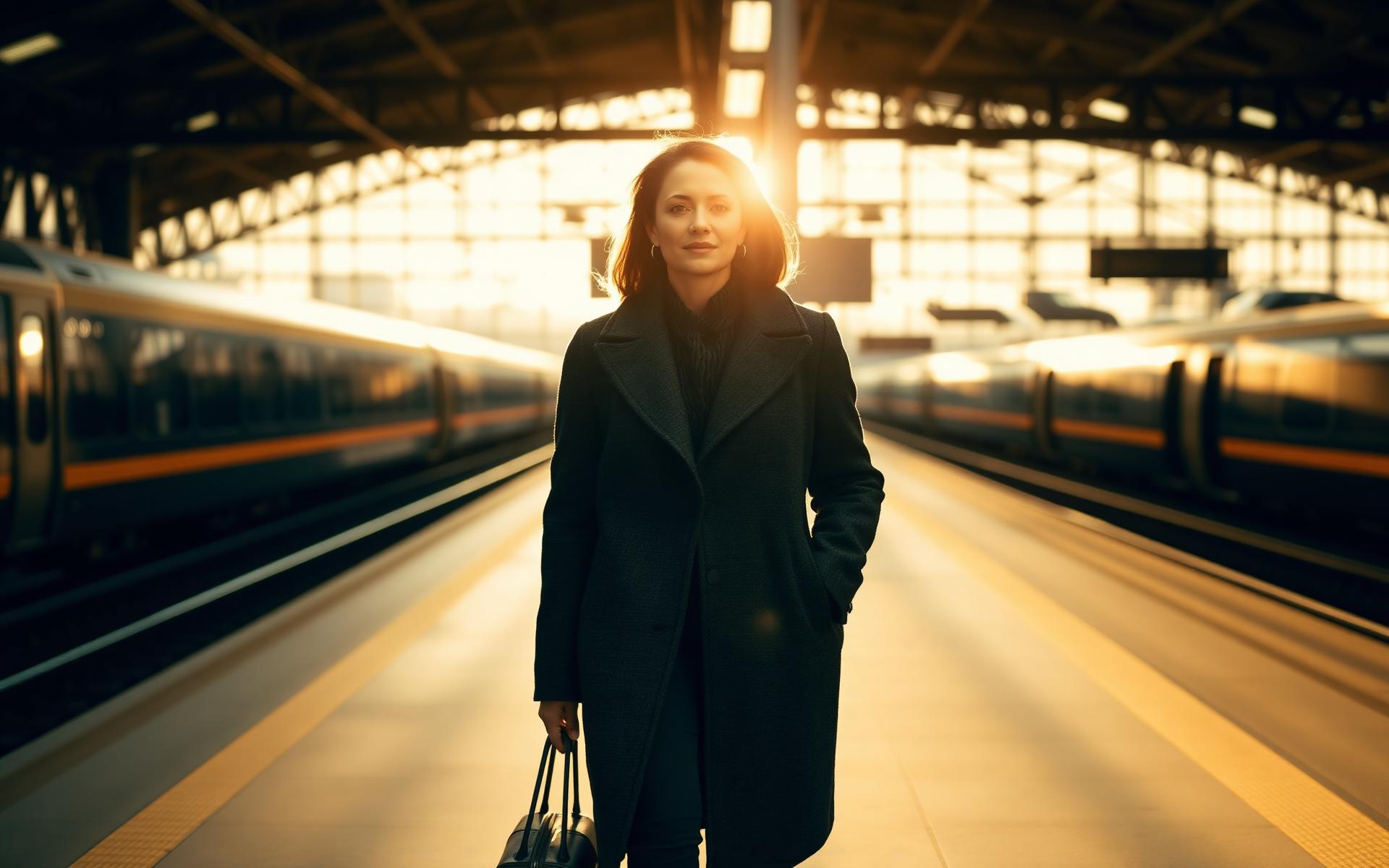 A traveler arriving at a sunlit train platform